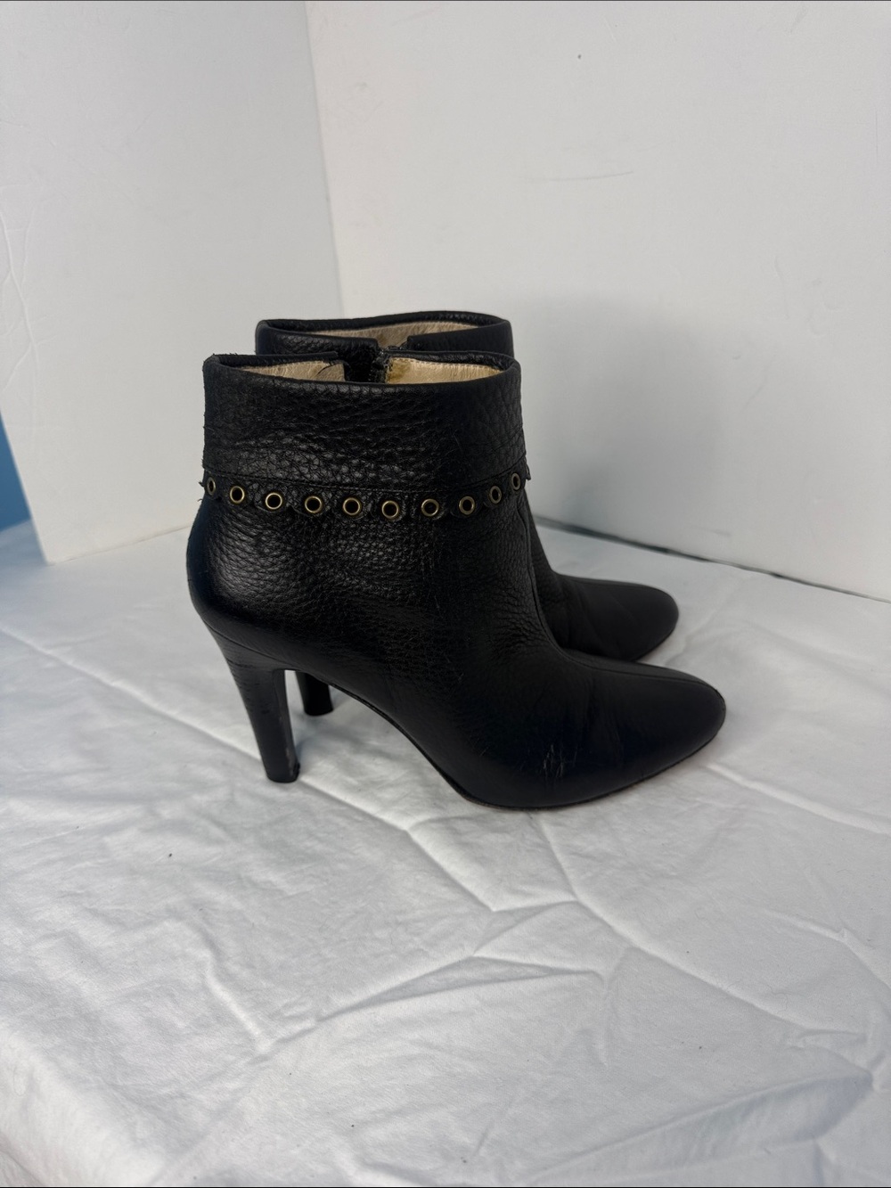 Black Leather Ankle Boots with Grommet Detail - Picture 1 of 8